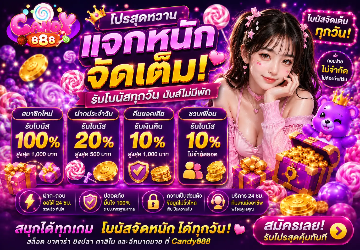 โปรโมชั่น CANDY888 สล็อตเว็บตรง โบนัสใหญ่ ฝากคุ้มทุกวัน