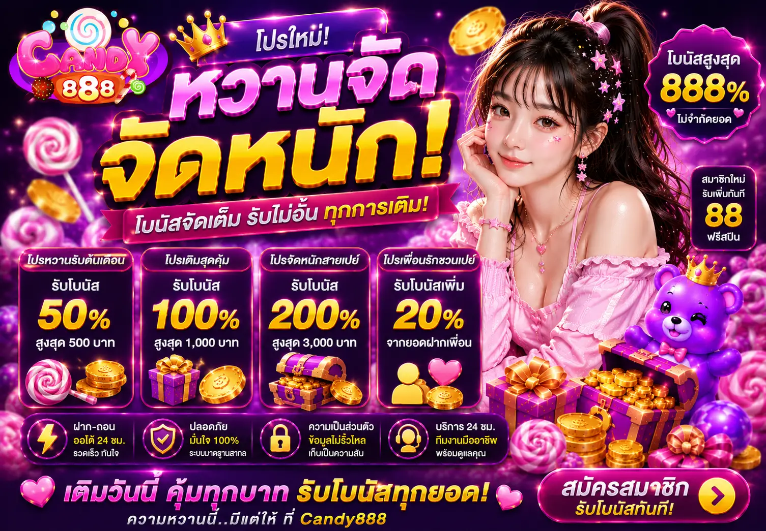 โปรโมชั่นสมาชิกใหม่ CANDY888 รับโบนัสสล็อตเว็บตรงทันที